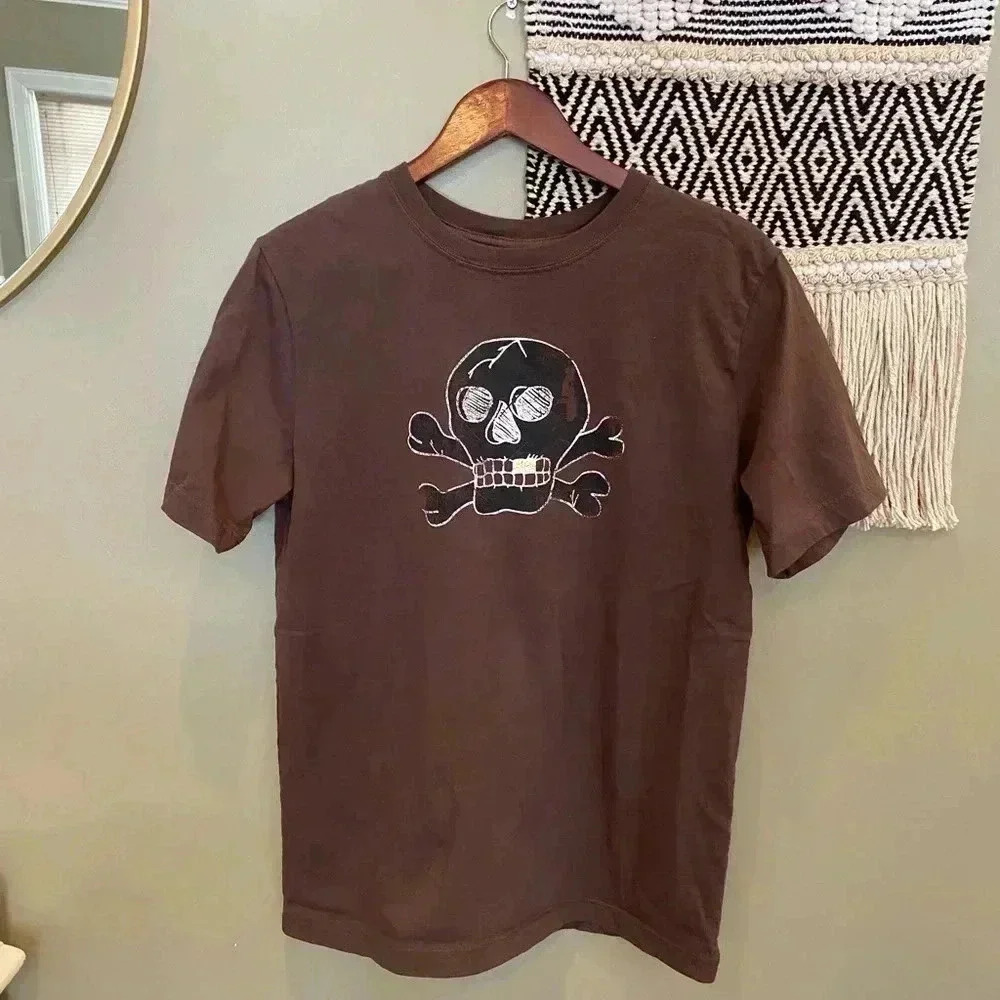 Y2K BROWN SKULL GRAPHIC SHORT SLEEVE TOP